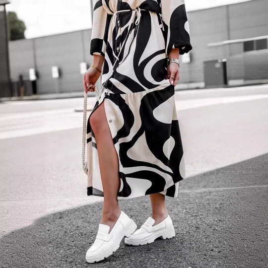 Damen Maxikleid mit modernem Muster und praktischem Taillengürtel EB