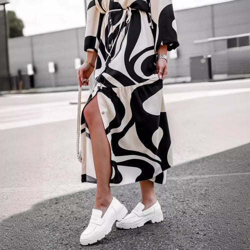 Damen Maxikleid mit modernem Muster und praktischem Taillengürtel EB