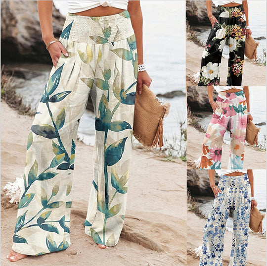 Damen Weit geschnittene Strandhose mit floralem Motiven und elastischem Bund EB
