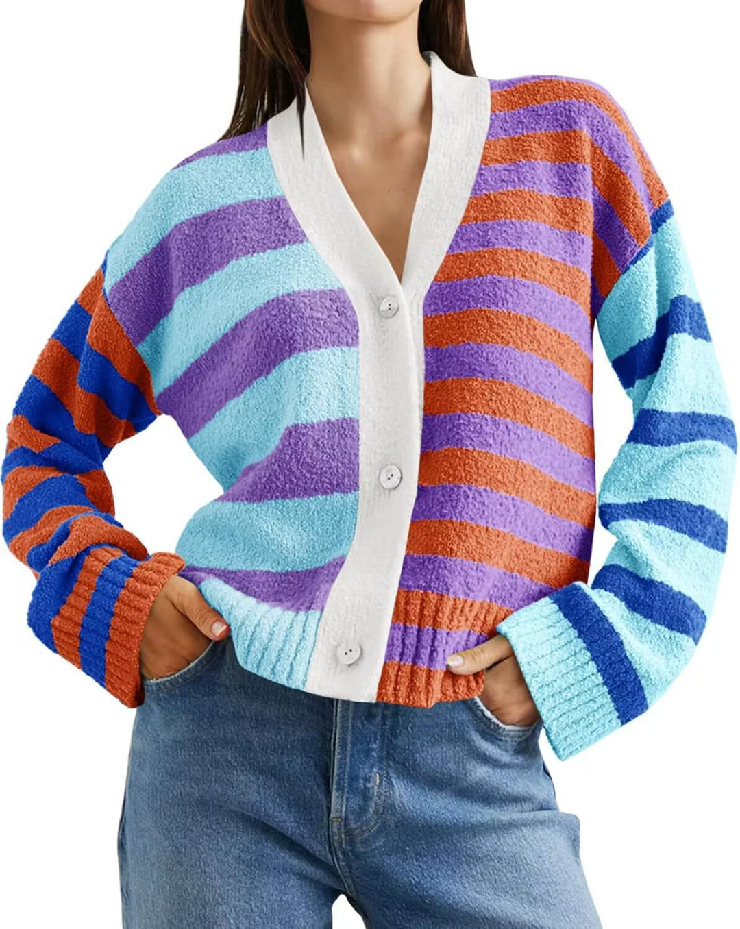 Damen lockerer gestreifter Frottee-Cardigan mit V-Ausschnitt und Knopfleiste EB