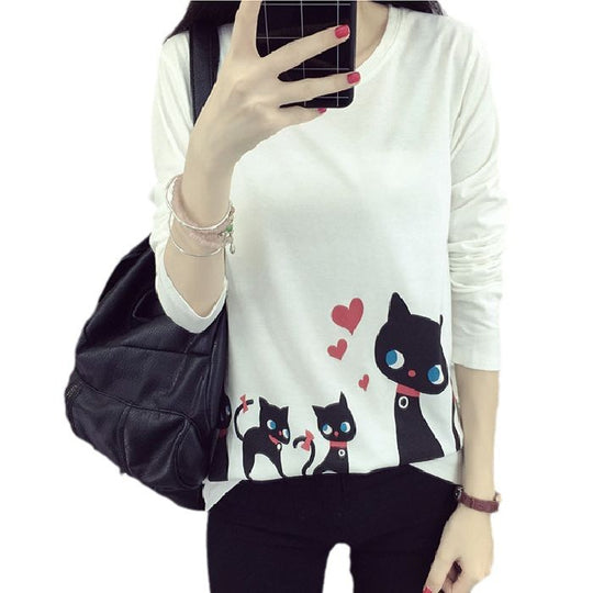 Damen Langarm-T-Shirt mit kreativem Katzenmotiv EB