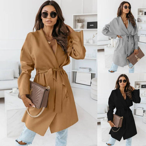 Damen lässiger Oversize-Mantel mit Wickelgürtel EB