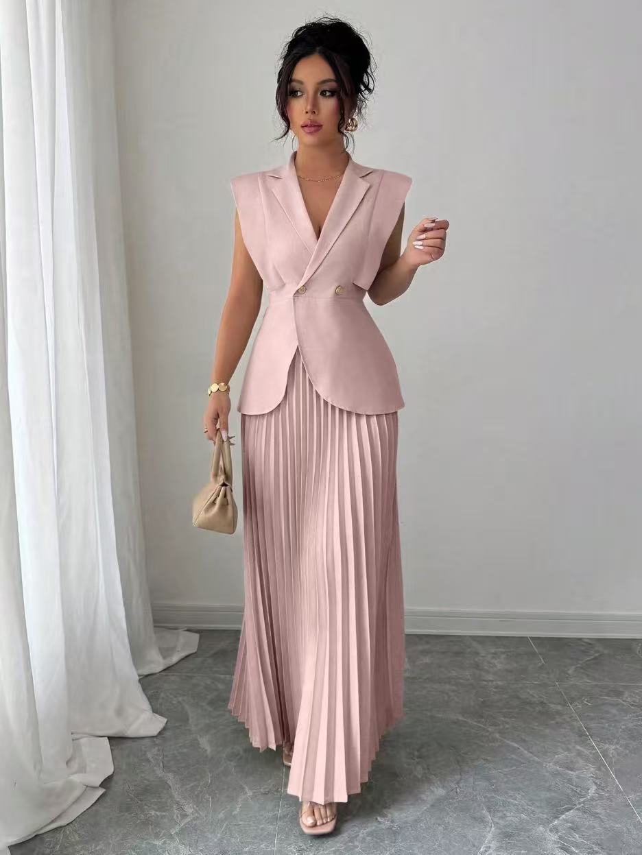 Damen Ärmelloses tailliertes Blazer-Set mit plissiertem Maxirock EB