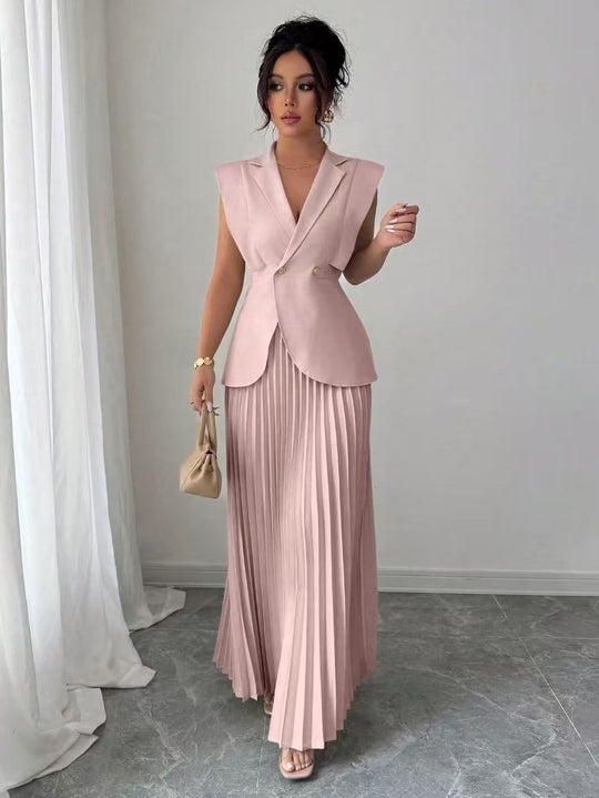 Damen Ärmelloses tailliertes Blazer-Set mit plissiertem Maxirock EB
