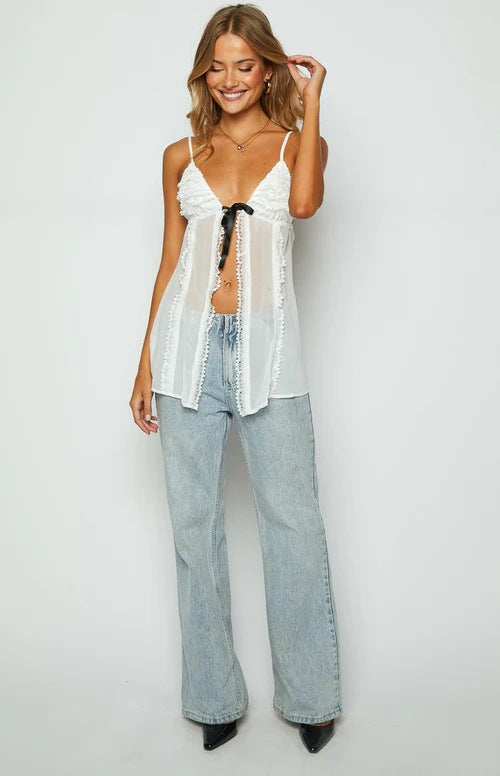 Damen Transparente Spitzenbluse mit Rüschen EB