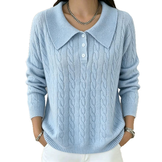 Damen Kabelstrick-Polo-Pullover mit großem Umlegekragen und lockerer Silhouette EB