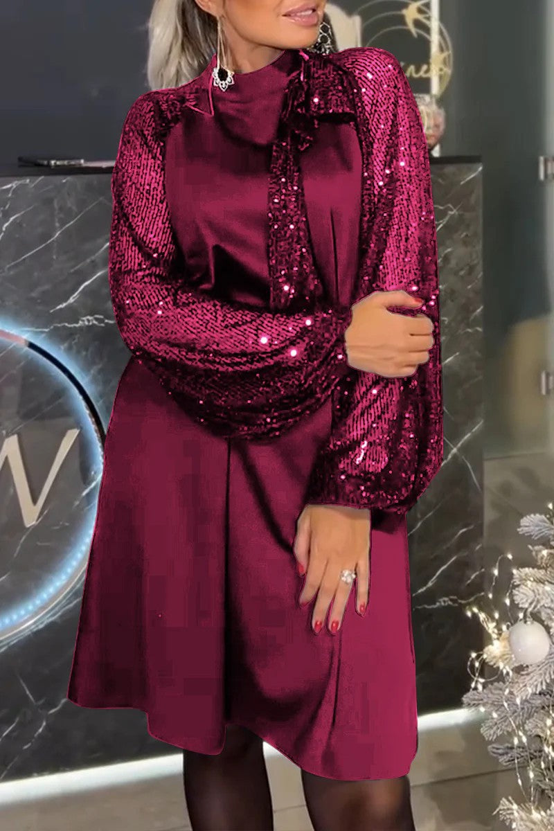 Damen Elegantes Kleid mit glitzernden Ärmeln und festlichem Kragen EB