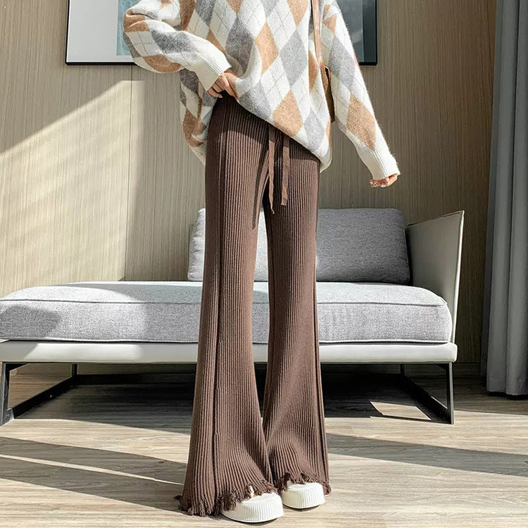 Damen weite Ripp-Pullover-Hose mit fransigem Saum EB