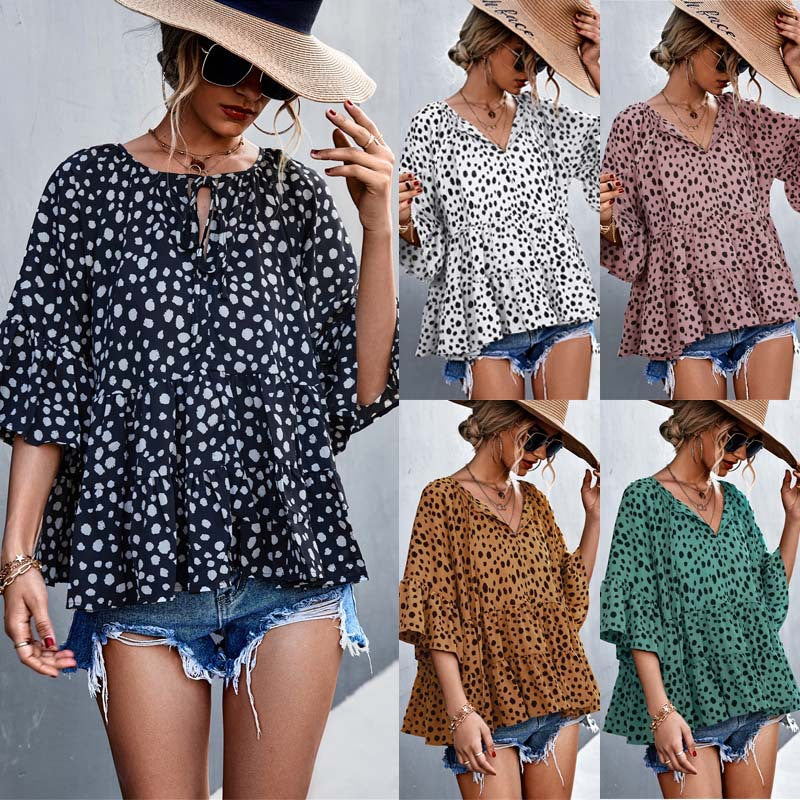 Damen lässige Bluse mit voluminösen Ärmel und modischem Punktmuster EB