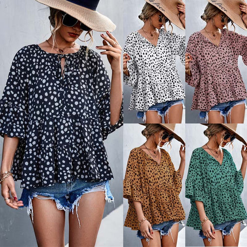 Damen lässige Bluse mit voluminösen Ärmel und modischem Punktmuster EB