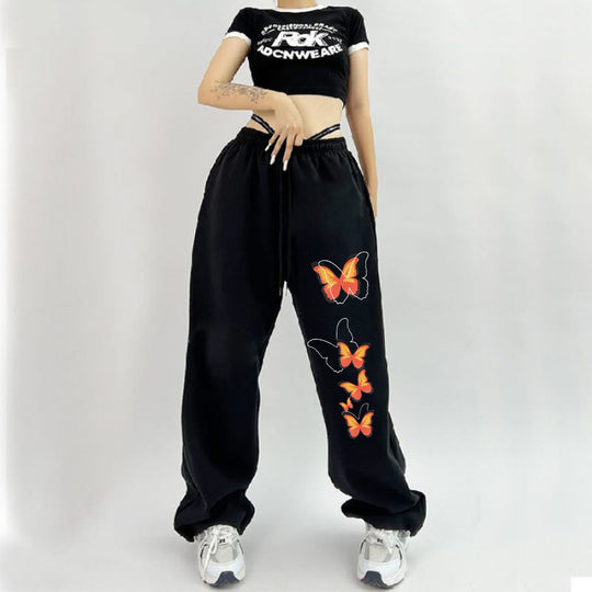 Damen nan hochgeschnittene Sweatpants mit elastischem Bund, Kordelzug, Seitentaschen, elastischen Beinabschlüssen und Schmetterlingsprint EB