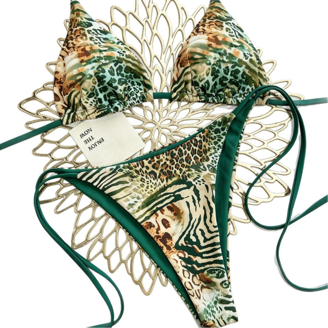 Damen Triangel Bikini mit animalischem Muster und verstellbaren Bändern EB
