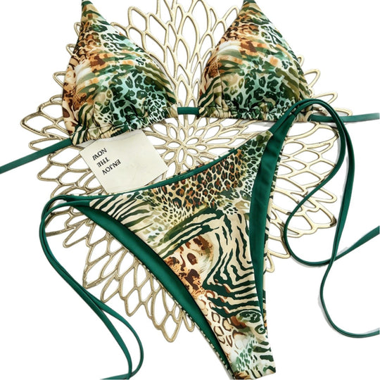 Damen Triangel Bikini mit animalischem Muster und verstellbaren Bändern EB