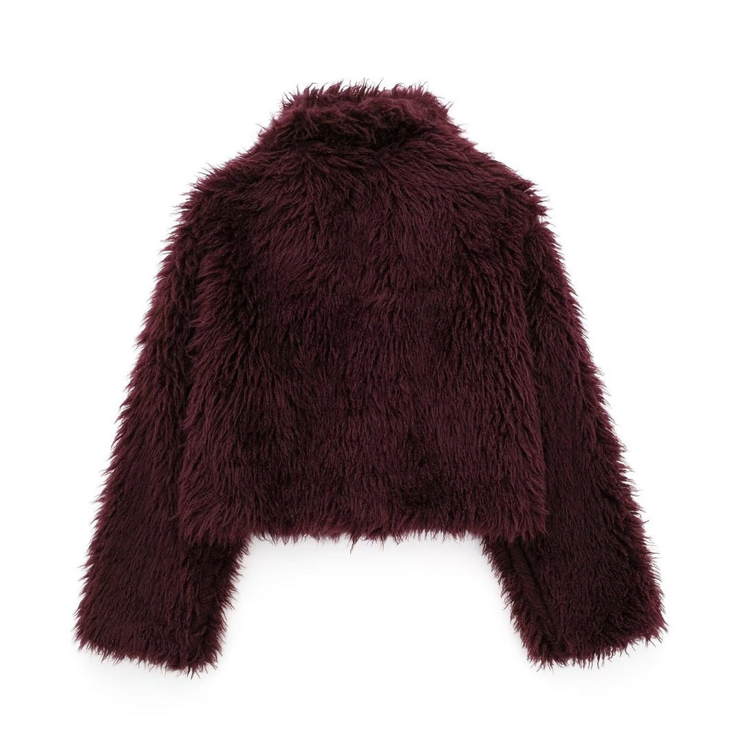 Damen nan kurze kuschelige Kunstfell-Cropped-Jacke mit großzügigem Schalkragen und offener Front EB