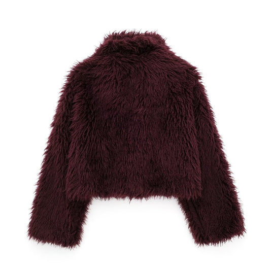 Damen nan kurze kuschelige Kunstfell-Cropped-Jacke mit großzügigem Schalkragen und offener Front EB