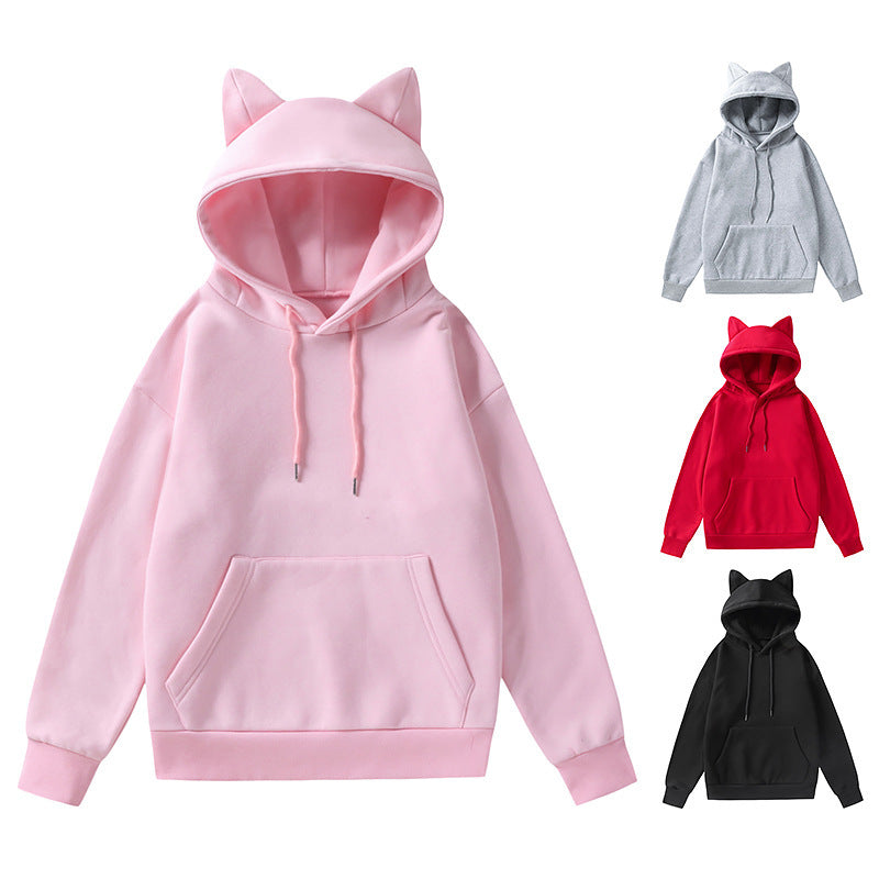 Damen nan Kapuzenpullover mit Katzenohren oversized Sweatshirt mit Kängurutasche und Kordelzug EB