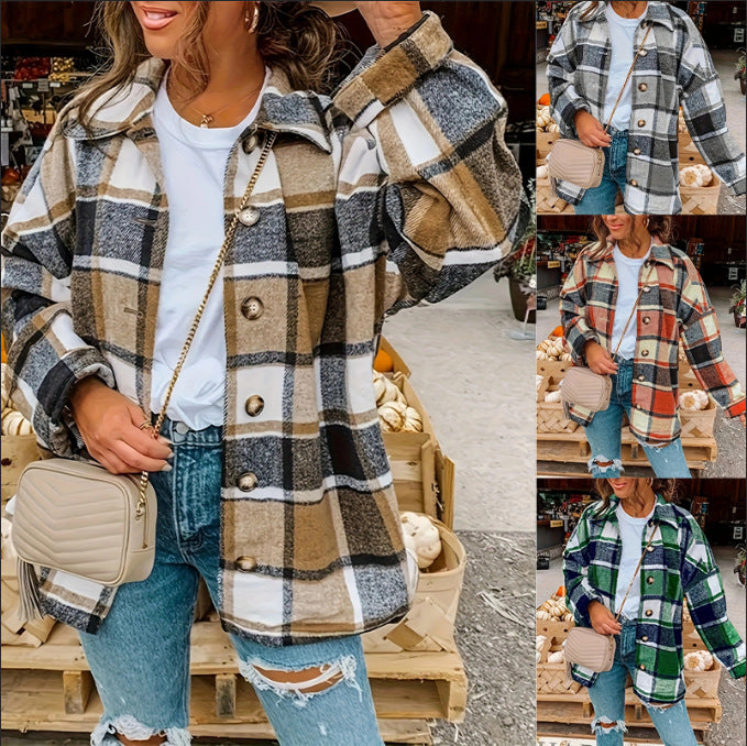 Damen Karierte Flanelljacke mit Knopfdetails und lässigem Schnitt EB