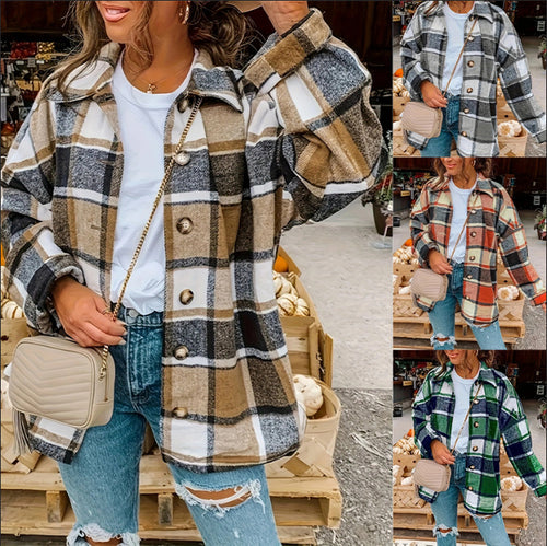 Damen Karierte Flanelljacke mit Knopfdetails und lässigem Schnitt EB