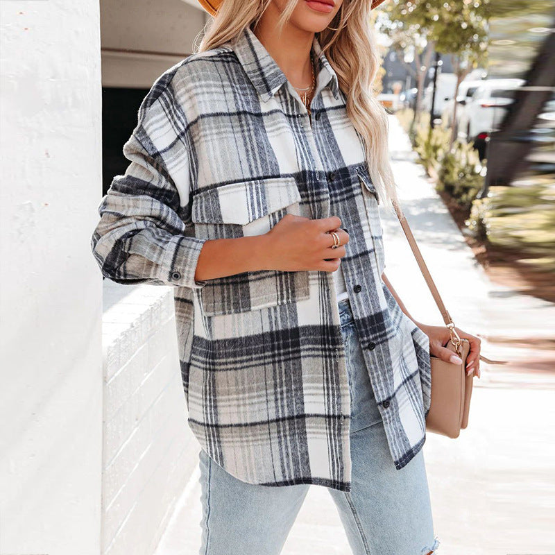 Damen Plaid Oversized Hemdjacke mit zwei Taschen und lässigem Schnitt EB
