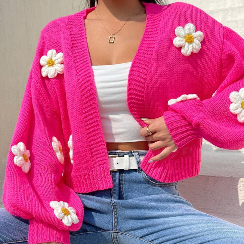 Damen Cropped-Cardigan aus Baumwollmix mit 3D-Blütenapplikationen EB