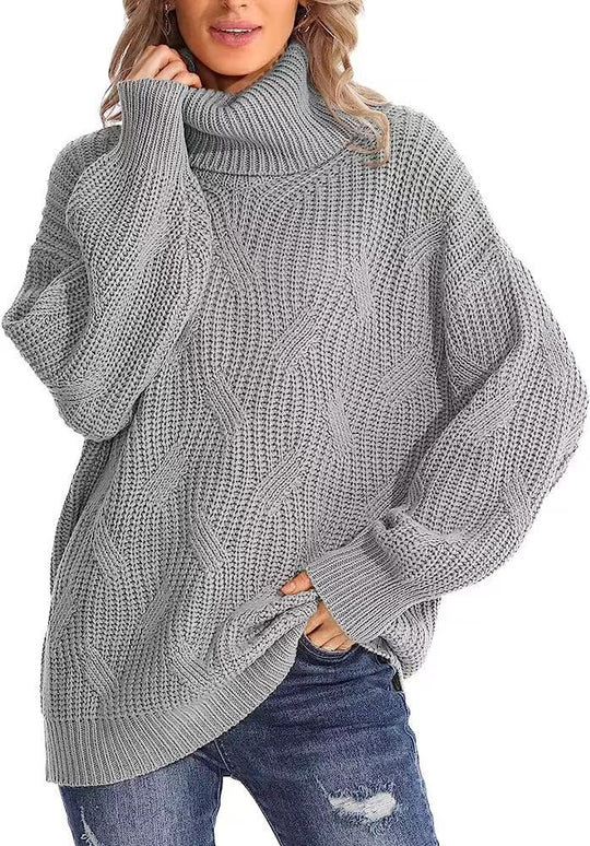 Damen Grobstrickpullover mit hohem Kragen und strukturiertem Zopfmuster EB