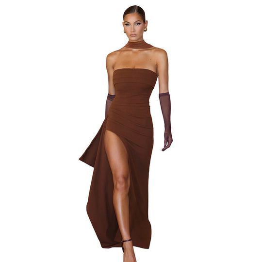 Damen Elegantes Wickelkleid mit hochgeschlossenem Design und kreativer Drapierung EB