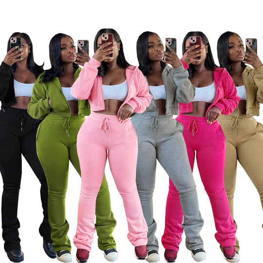 Damen nan kurz geschnittenes Zip-Hoodie und Highwaist-Jogginghose-Set mit Kordelzug und leicht gerafften Knöchelabschlüssen EB