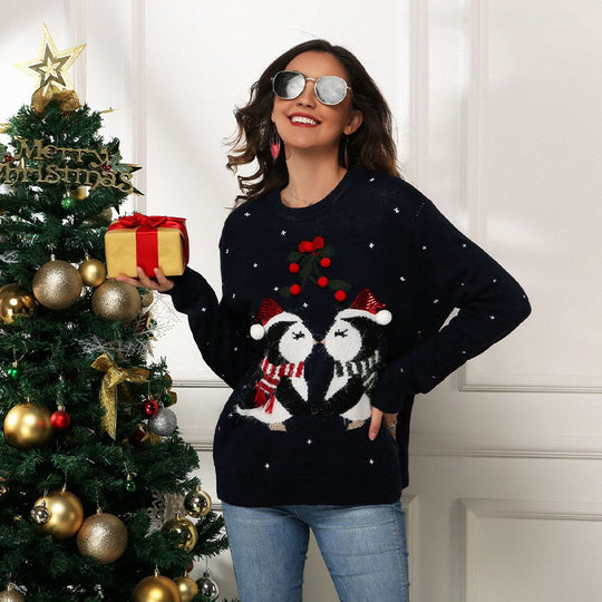 Damen Weihnachtspullover mit süßem Pinguin-Motiv und festlichem Design EB