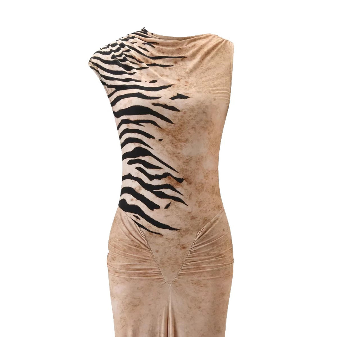 Damen Elegantes Maxikleid mit asymmetrischem Schnitt und Tiermotiv EB
