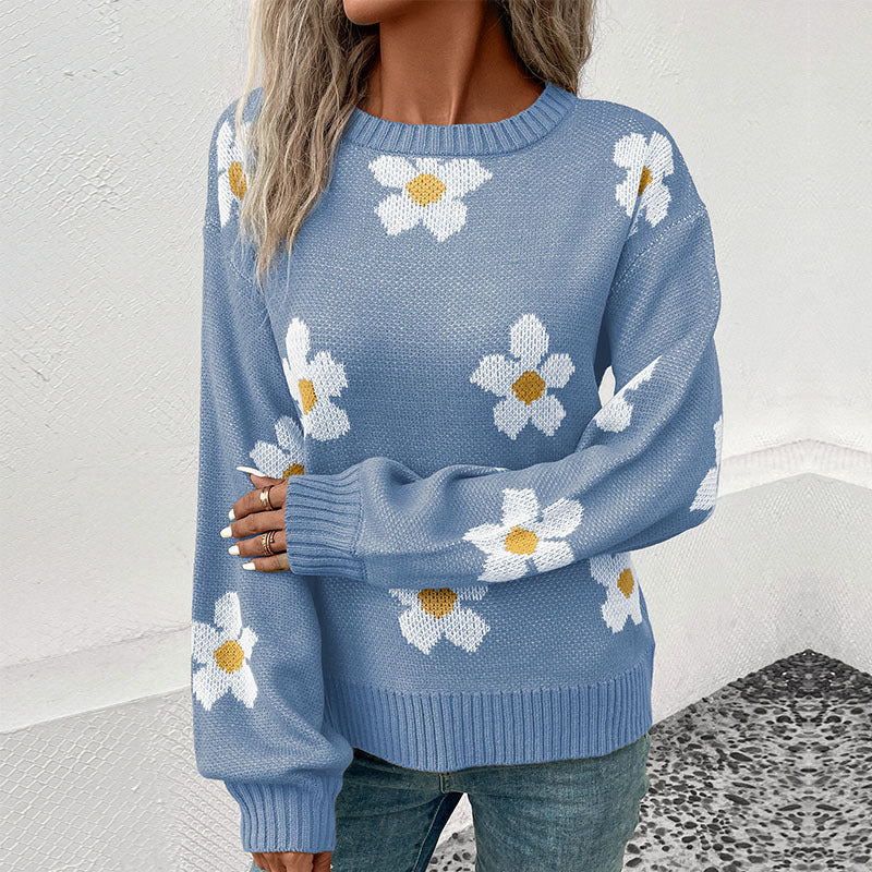 Damen Strickpullover mit floralen Akzenten und weitem Schnitt EB