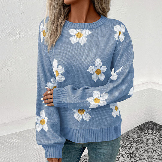 Damen Strickpullover mit floralen Akzenten und weitem Schnitt EB