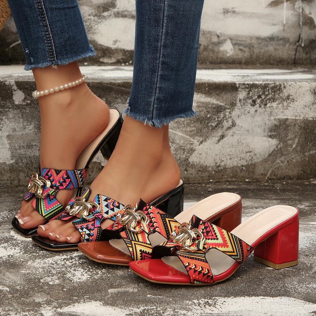Damen Offene Blockabsatz-Sandalen mit modischem Ethno-Design EB