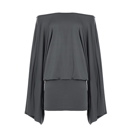 Damen nan schulterfreies Drapiertes Blouson-Top mit weitem Fledermausärmel und tailliertem Bündchen EB