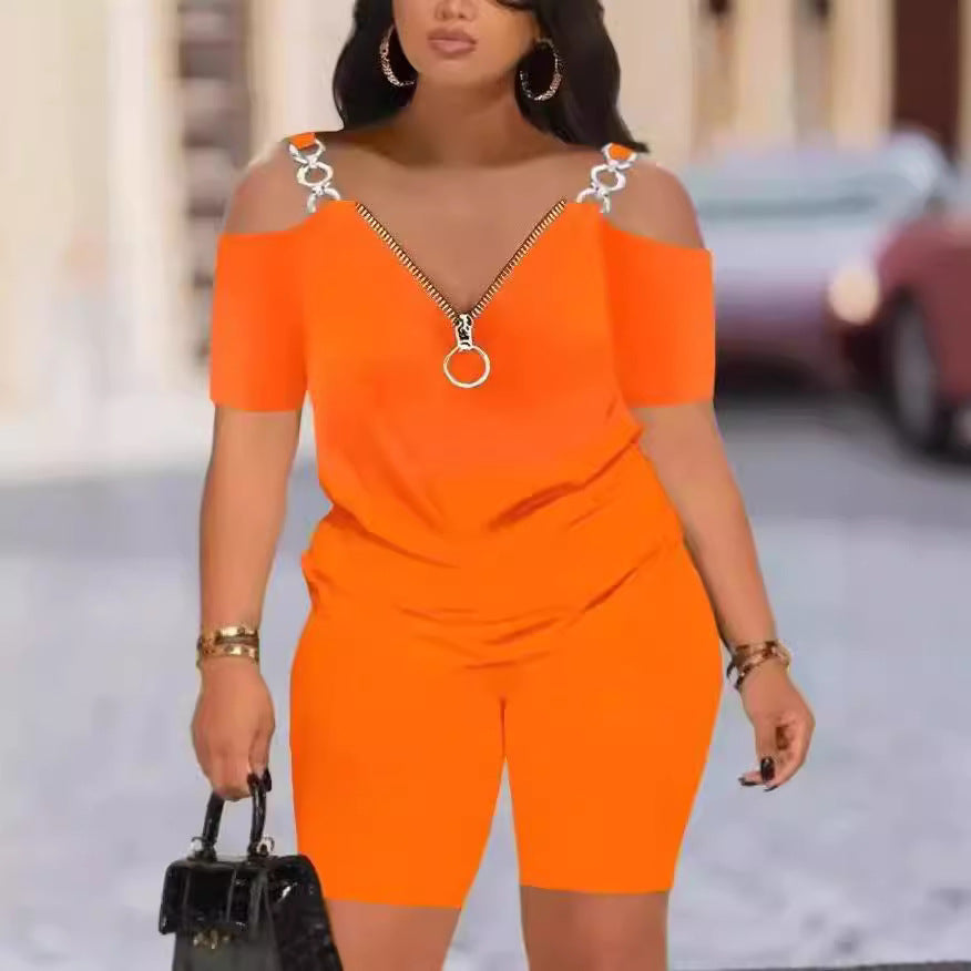 Damen Modischer Jumpsuit mit Off-Shoulder-Ausschnitt und Reißverschluss EB