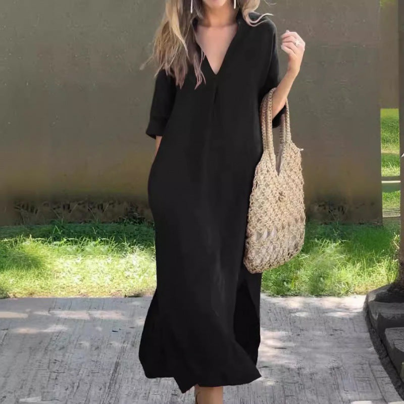 Damen Lässiges Maxikleid mit V-Ausschnitt und praktischen Seitenschlitzen EB