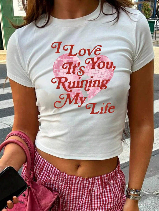Damen Crop-Top mit kreativem Grafikdesign und modernem Schriftzug EB