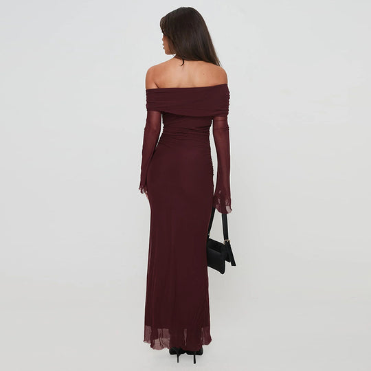 Damen figurbetontes Maxikleid mit schulterfreiem Design und Rüschendetails EB