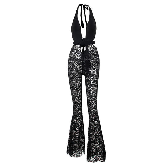 Damen eleganter Spitzen-Jumpsuit mit tiefem V-Ausschnitt und Glockenhosen EB