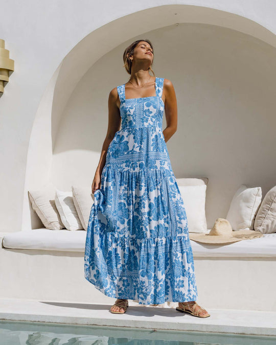 Damen Maxi-Kleid mit voluminösem Saum und angesagtem Blumenprint EB
