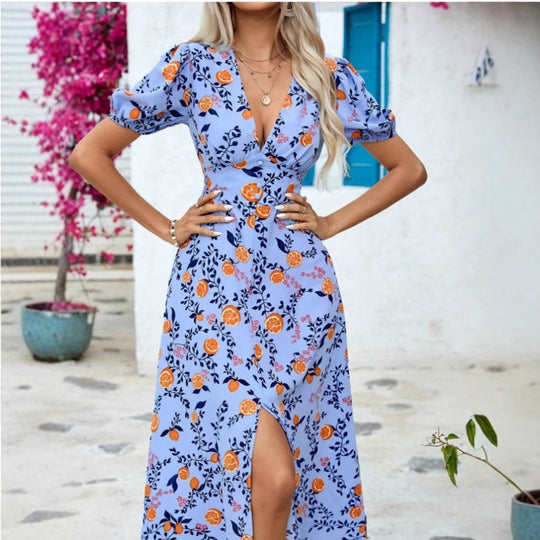 Damen Maxikleid mit durchgehendem Blumendruck und elegantem V-Ausschnitt EB