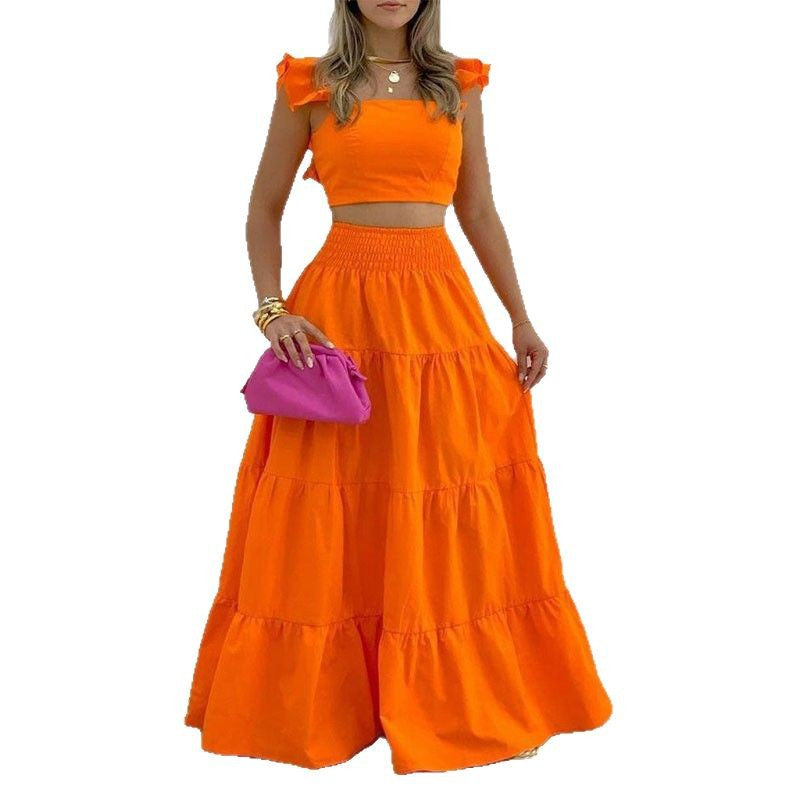 Damen Maxikleid mit voluminösem Rock und Rüschendetails EB