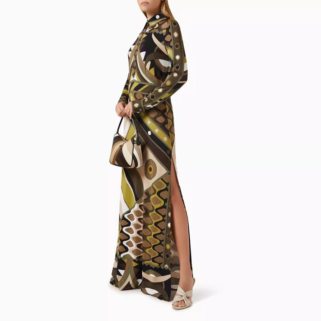 Damen Maxikleid mit geometrischem Muster und Knopfdetails EB