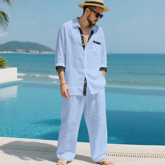 Herren Leinenoptik-Loungewear-Set mit Kordelzughose und offenem Hemdjacke EB