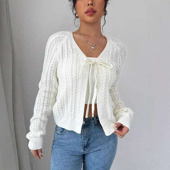 Damen Strickjacke mit modischem Kordelzug und feiner Netzstruktur EB