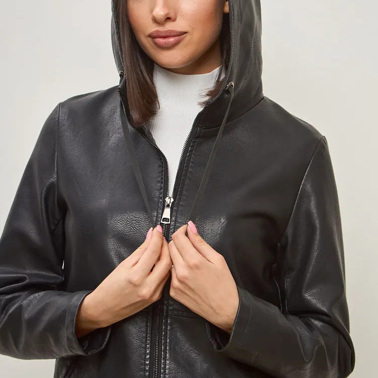 Damen modische Kunstlederjacke mit Kapuze und Reißverschlusstaschen EB
