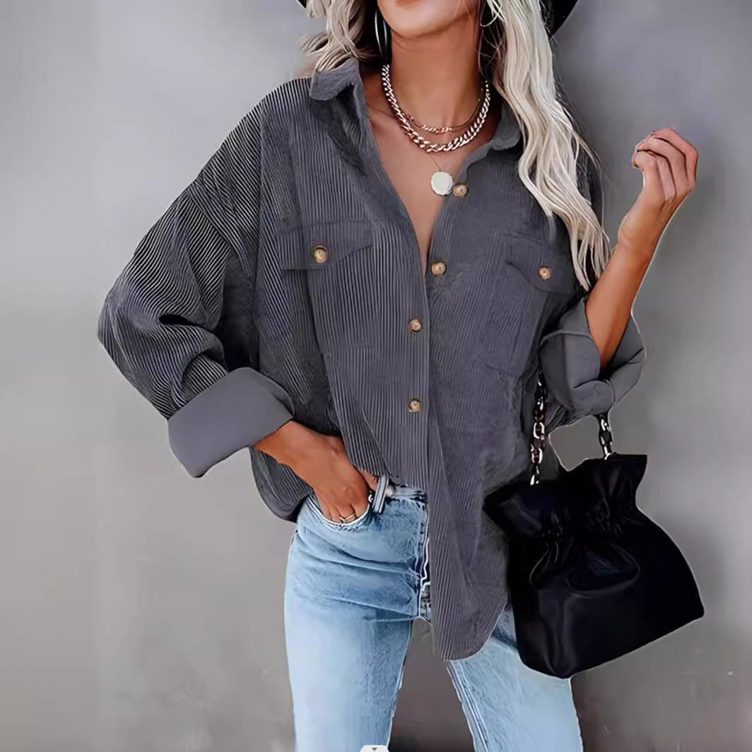 Damen lässige Kordjacke mit praktischen Taschen und Knopfdetails EB