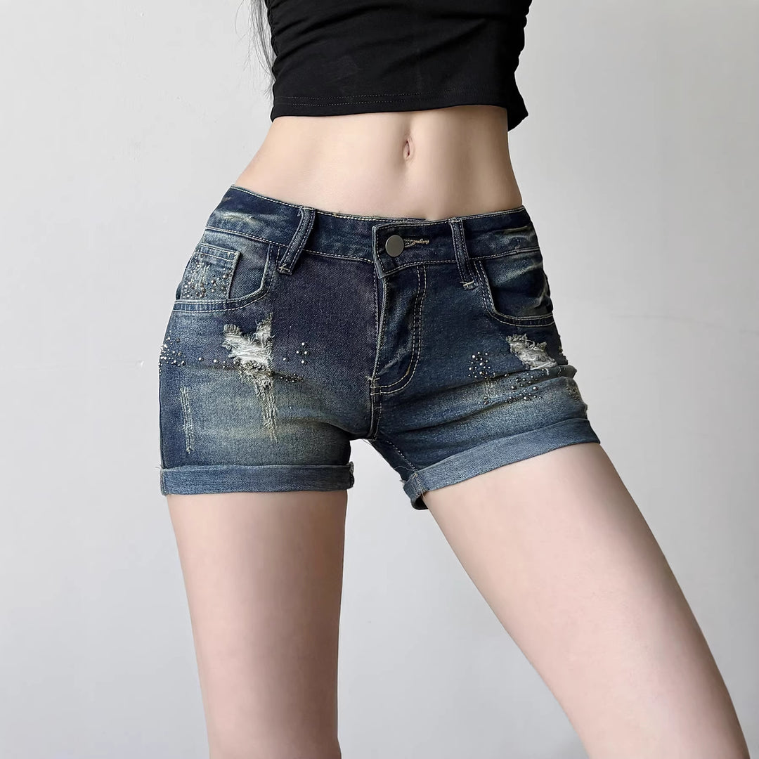 Damen Jeans-Shorts mit funkelnden Akzenten und modischem Design EB