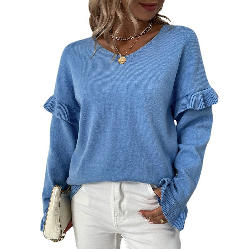 Damen eleganter Pullover mit Rüschendetails und V-Ausschnitt EB