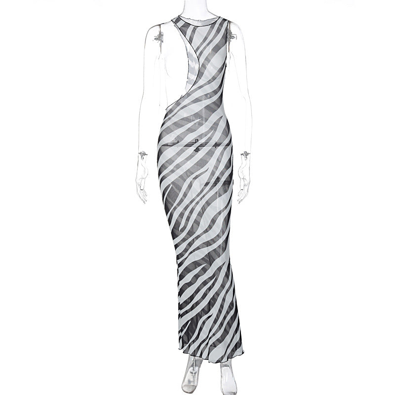 Damen Maxikleid mit asymmetrischem Schnitt und transparentem Zebra-Muster EB