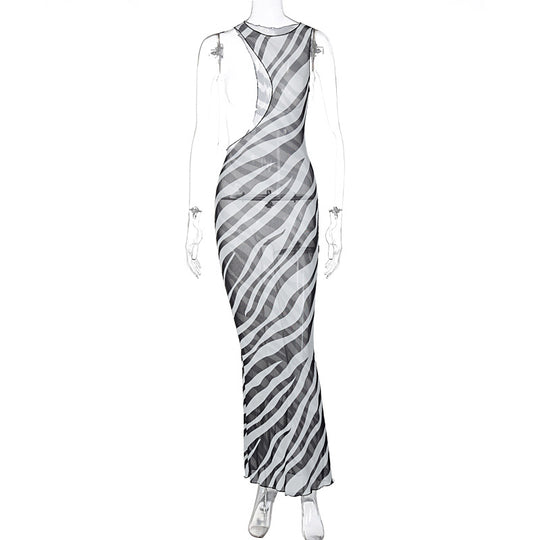 Damen Maxikleid mit asymmetrischem Schnitt und transparentem Zebra-Muster EB